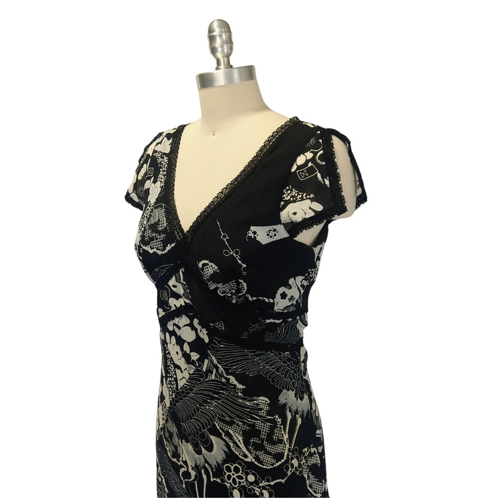 Vintage 2000s Black Midi Dress Size 10P Black Asian Print Beyer Y2K Bias Slip - Picture 3 of 10
